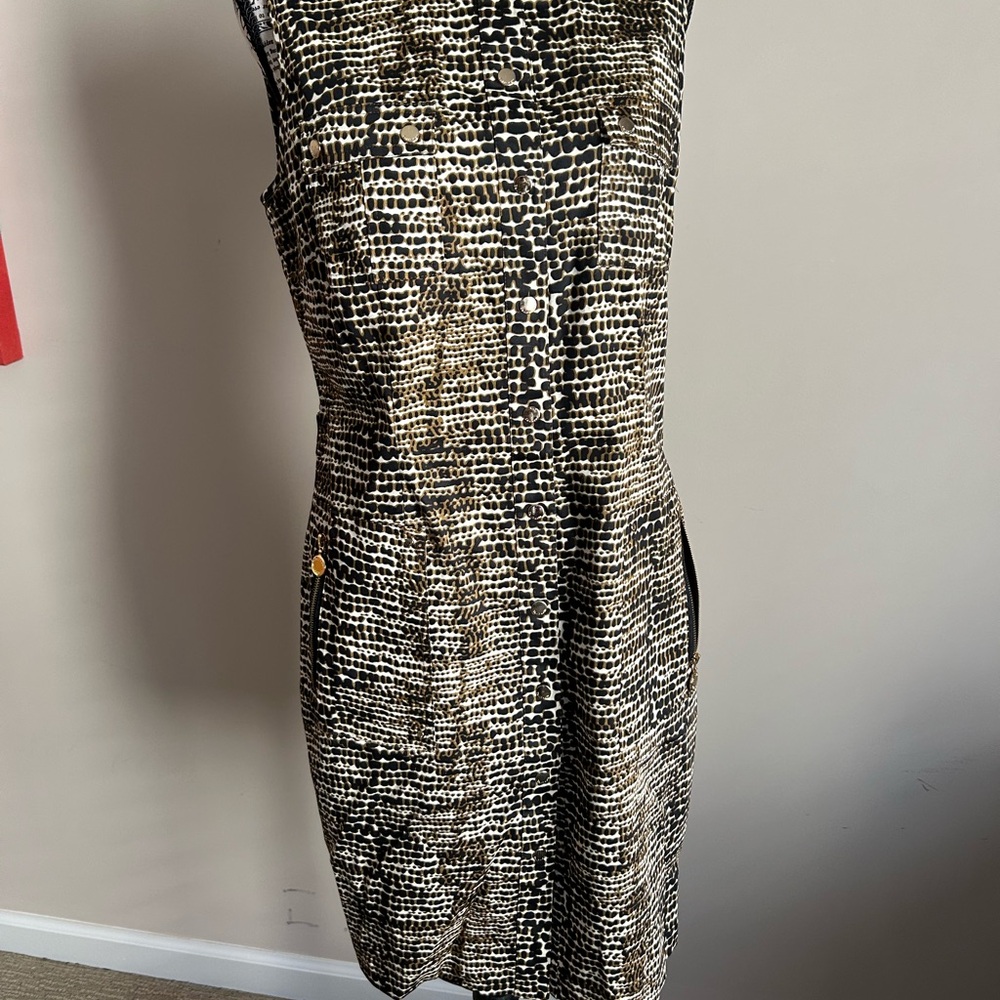 Calvin Klein Brown and White Midi Dress with gold accents.